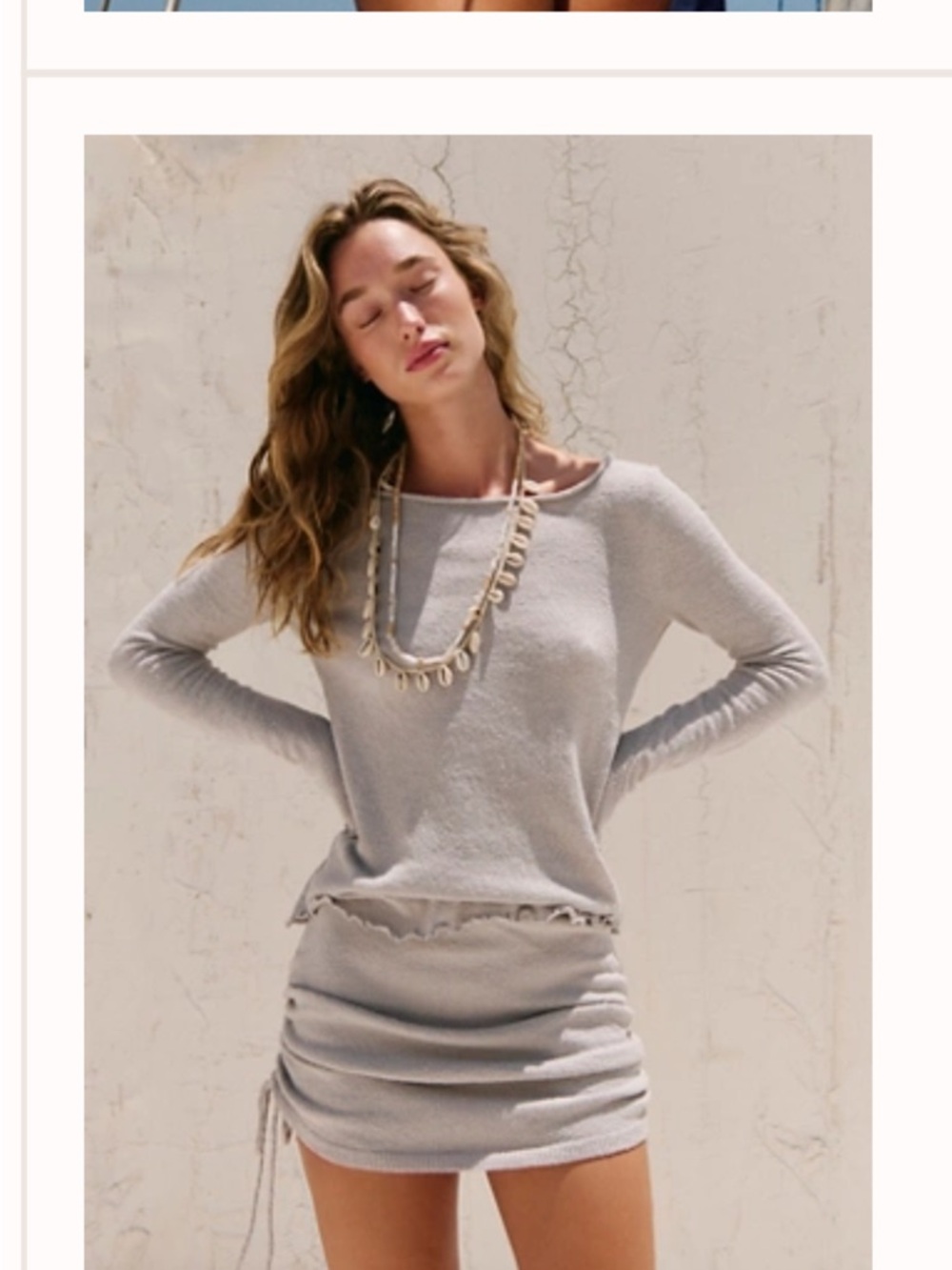 Light Gray Long Sleeve Knit Top & Ruched Skirt Set Free People